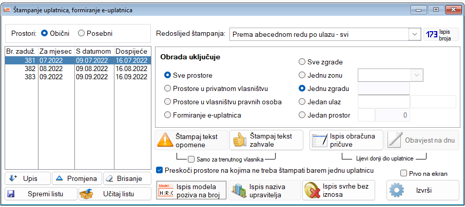 Formiranje i ispis uplatnica za pričuvu