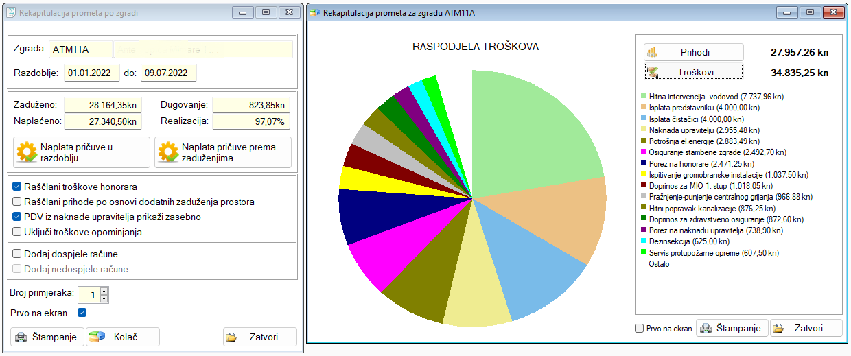 Program za upravljanje zgradama - rekapitulacije prometa po zgradi